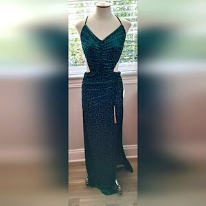 Luxxel Hunter Green Velour Leppard Print Long Sexy Dress Sz L NWT